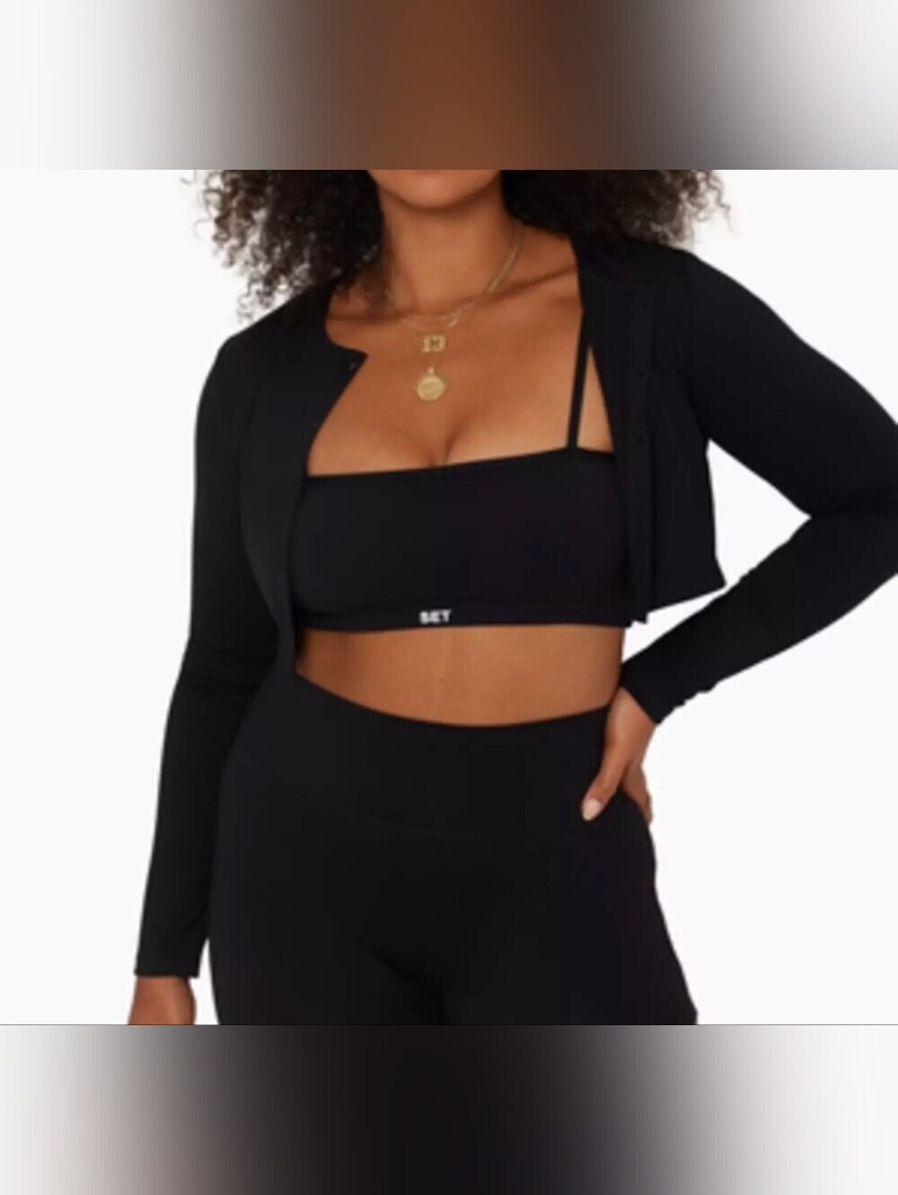 SET Active Sportsbody Black Cropped Long Sleeve Cardigan Bra Top Onyx Size M